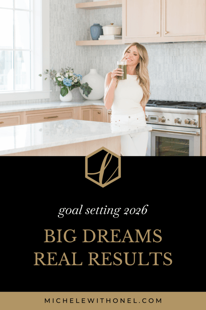 Female nutrition health coach toasts to 2026 business goals with a green drink